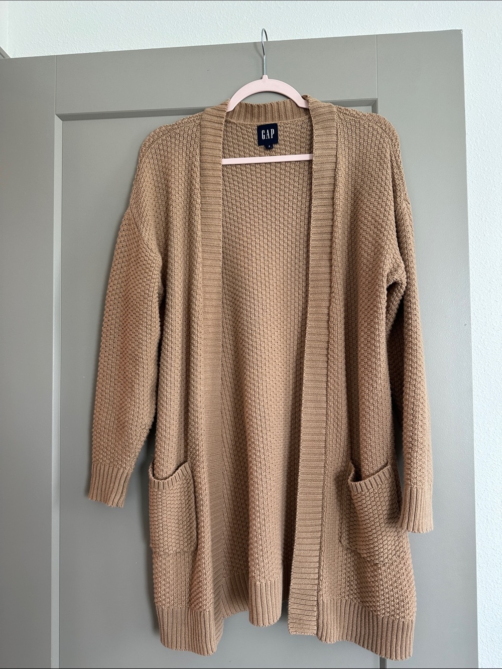 GAP Open-Front Waffle Knit Cardigan in Camel Brown